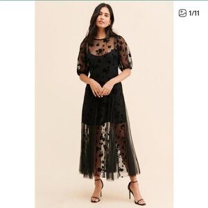 Free People “Viola” Midi Dress – Size XS – Black Sheer Floral Embroidery